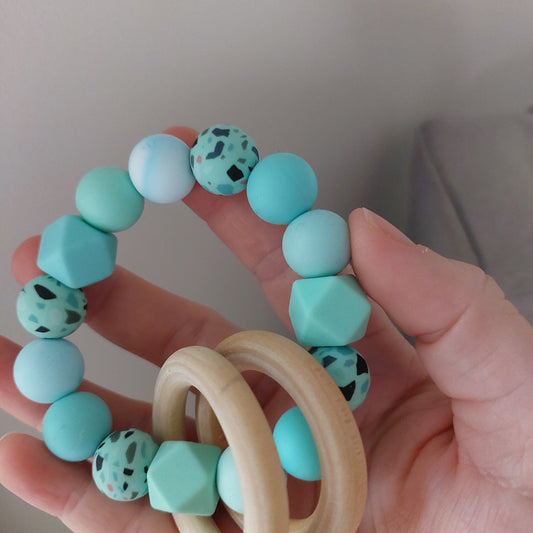 Handmade silicone bead teether with wood rings