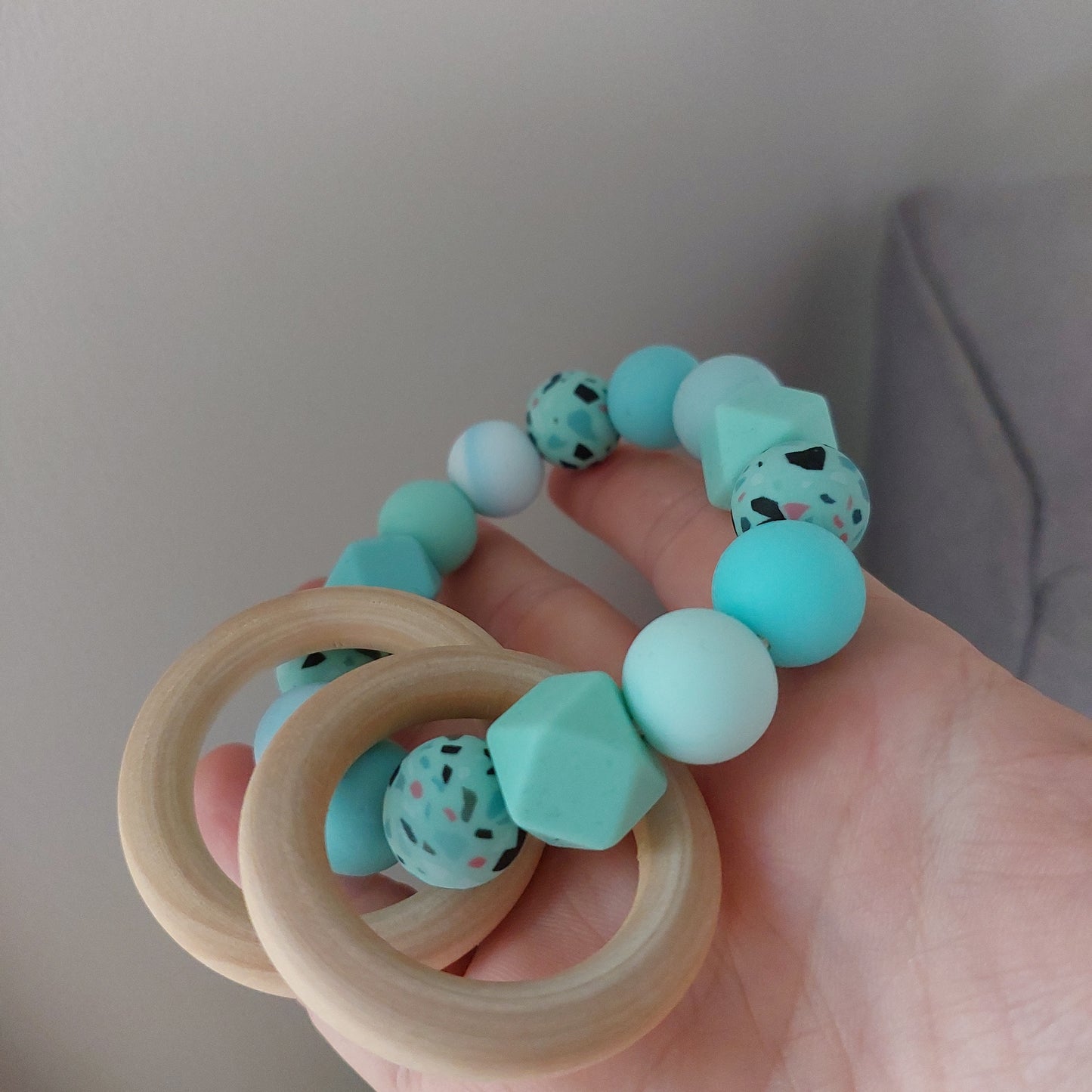 Handmade silicone bead teether with wood rings