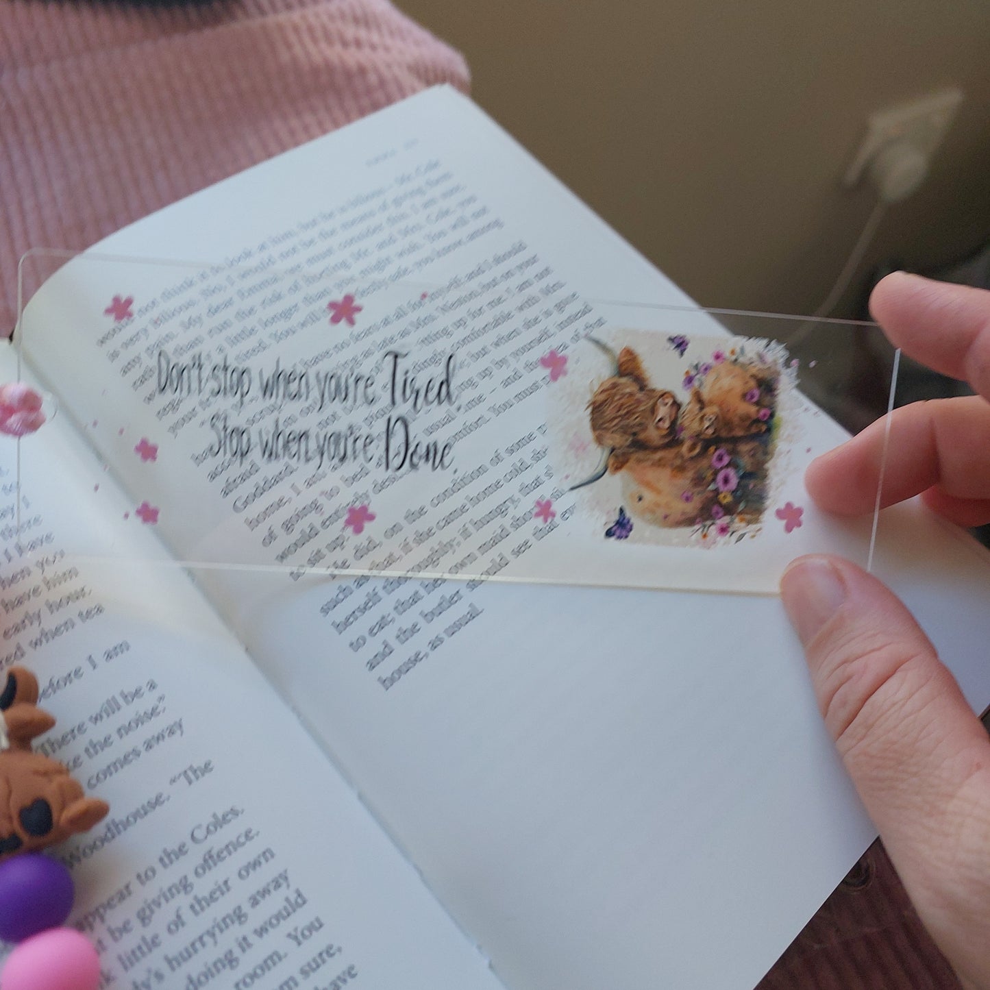 Thin acrylic bookmark with small silicone beads.