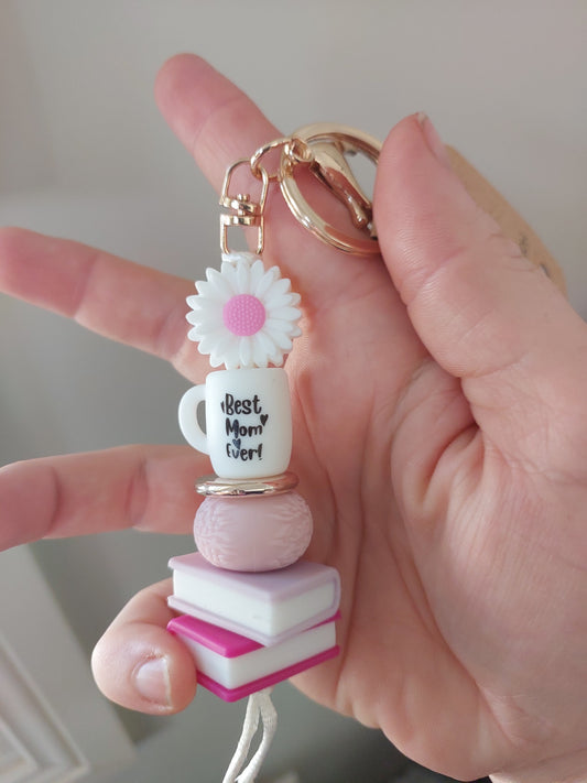 Best mom ever book stack keychain.