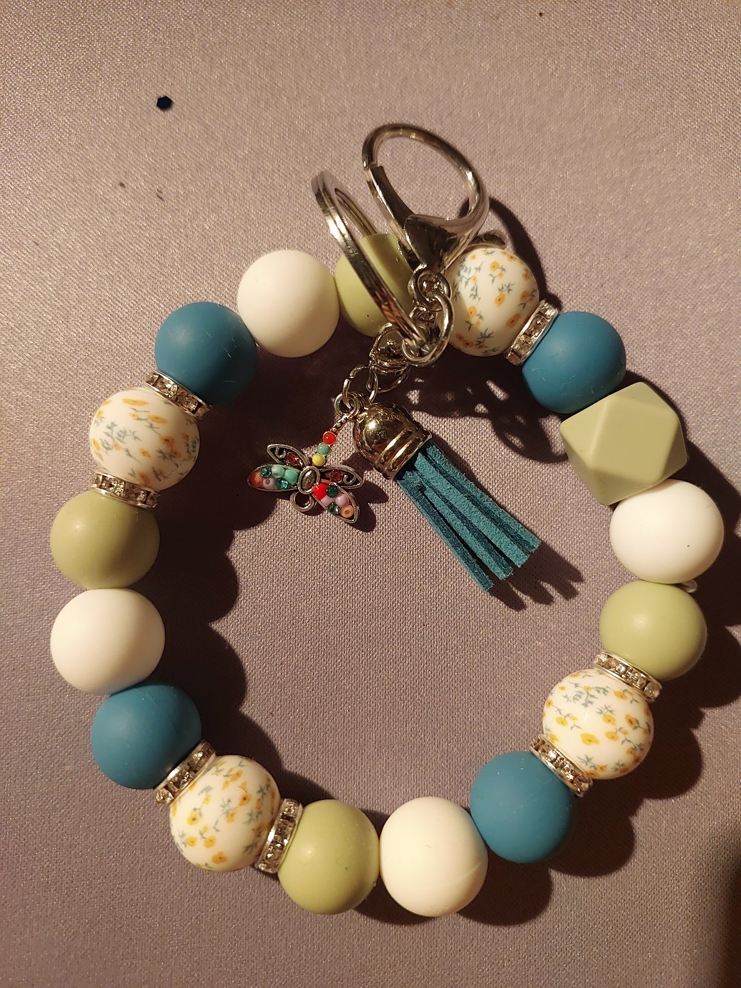 Wristlet keychain - blues and sage green with dragonfly charm