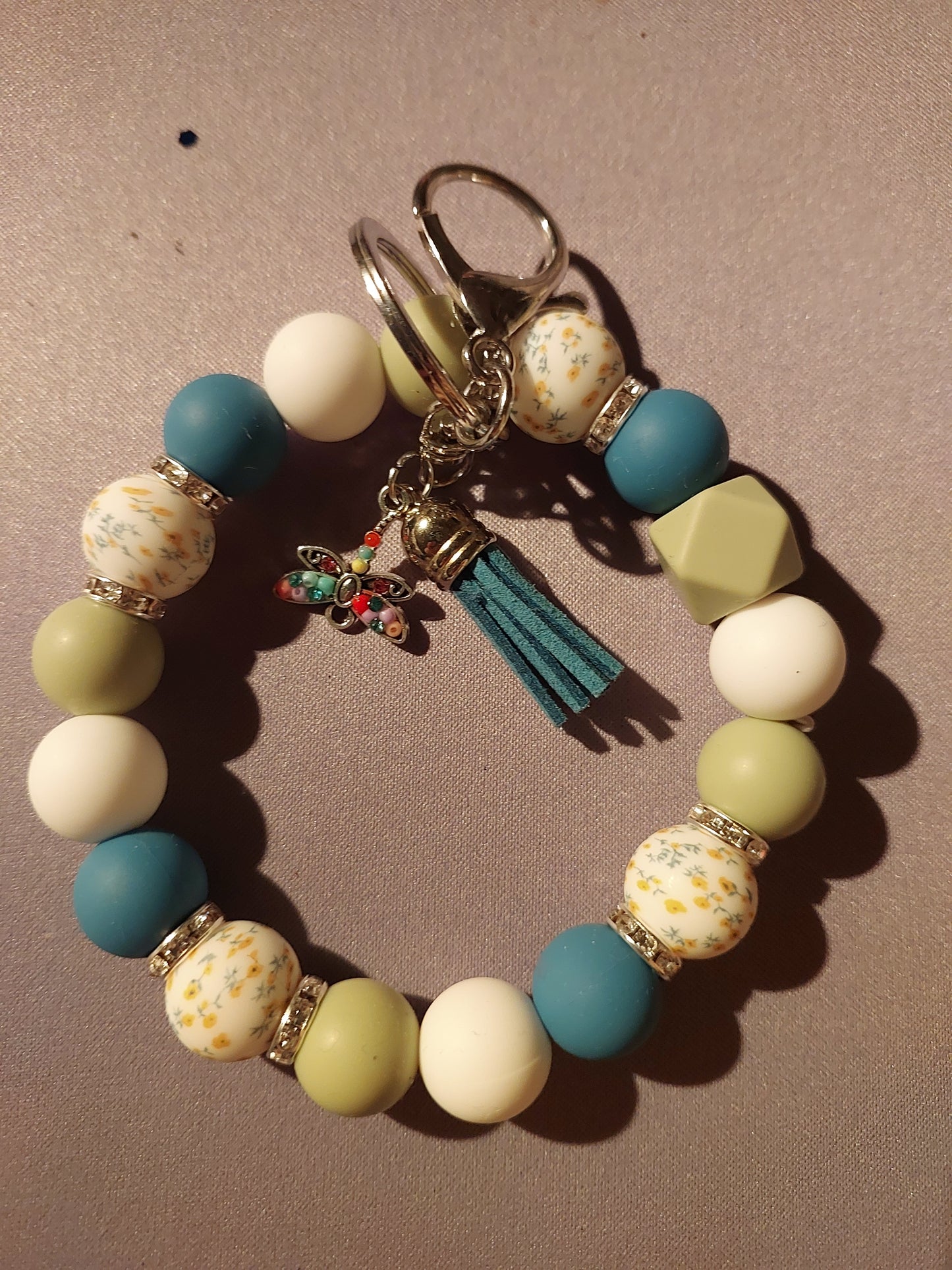 Wristlet keychain - blues and sage green with dragonfly charm