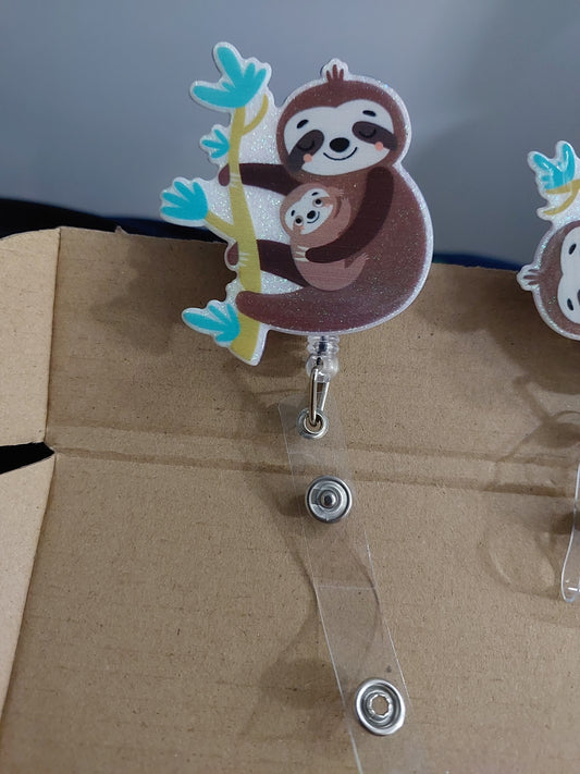 Sloth mum and bub Badge Reel