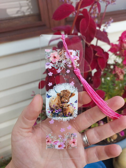 Pink Highland Cow acrylic Bookmark