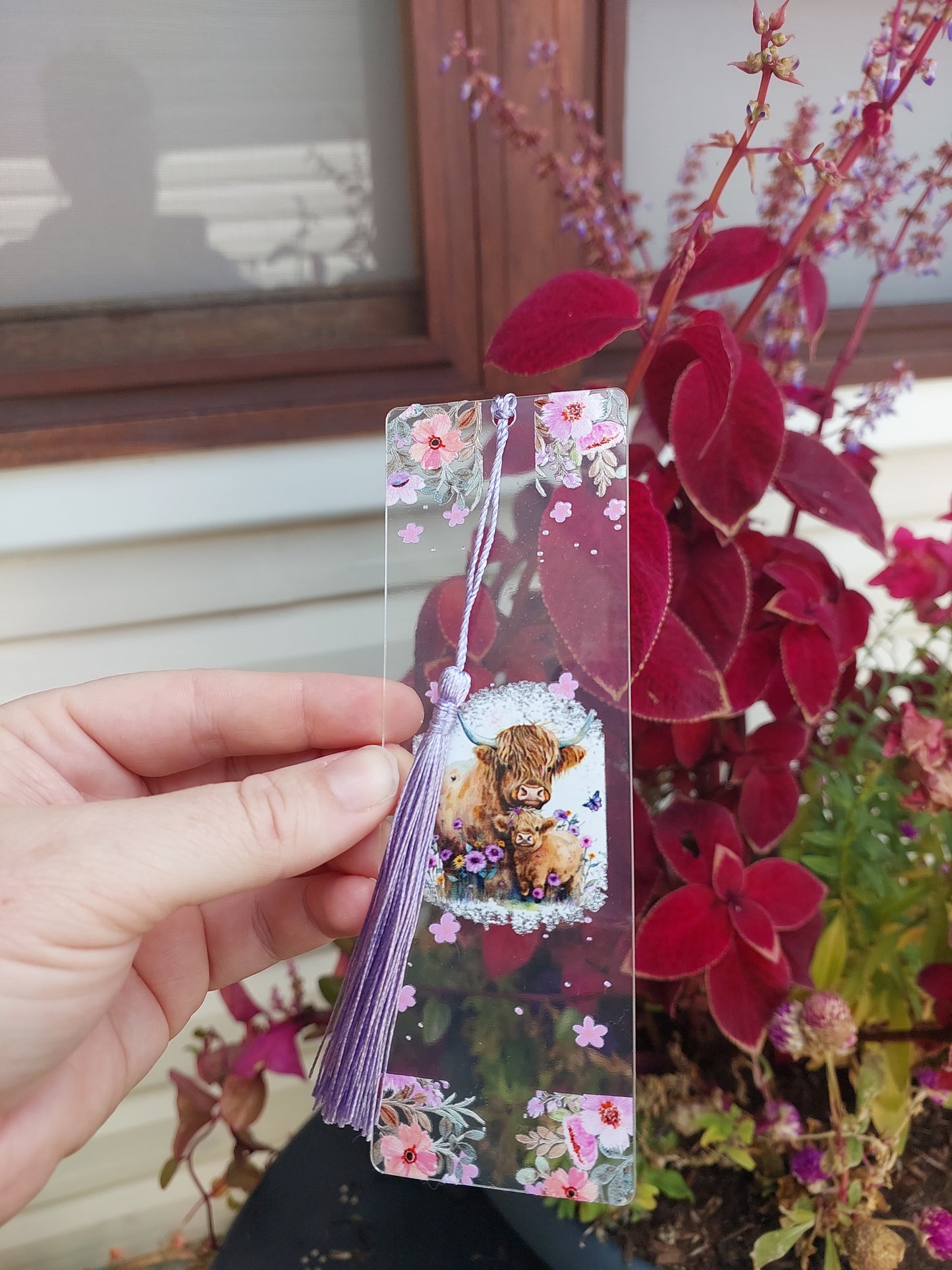 Purple Highland Cow acrylic Bookmark